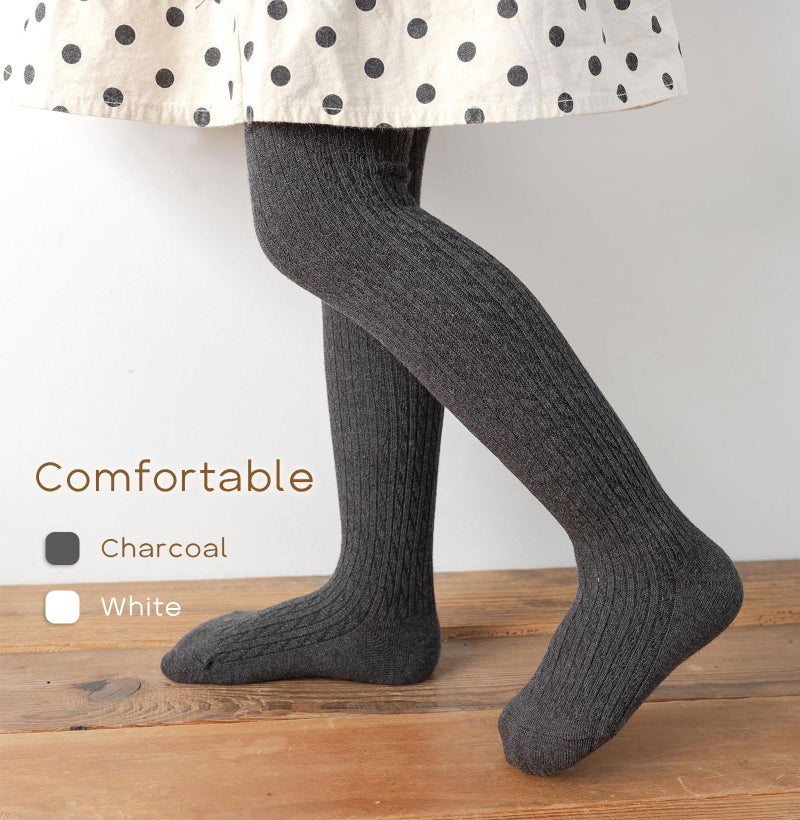 CHUNG Toddlers Little Girls Autumn Winter Cotton Footed Tights Stretchy Soft School Leggings Stockings,5-6Y,2pk Charcoal+White - Image 2